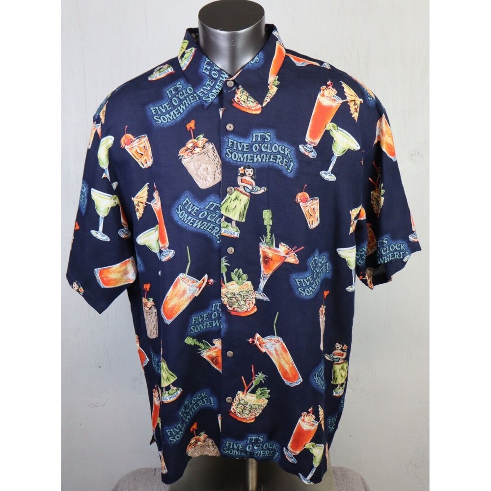 Mens Big Dogs 5 O Clock Somewhere Shirt Blue Button Front Size XL Linen Rayon
